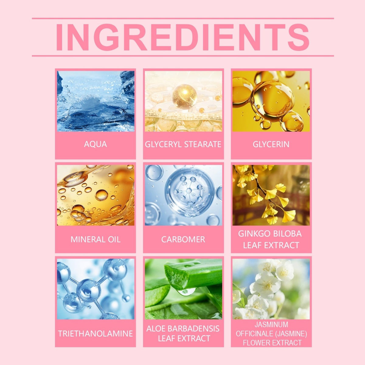 OUHOE Jasmine Eye Cream ingredient infographic showing glycerin, mineral oil, and botanical extracts
