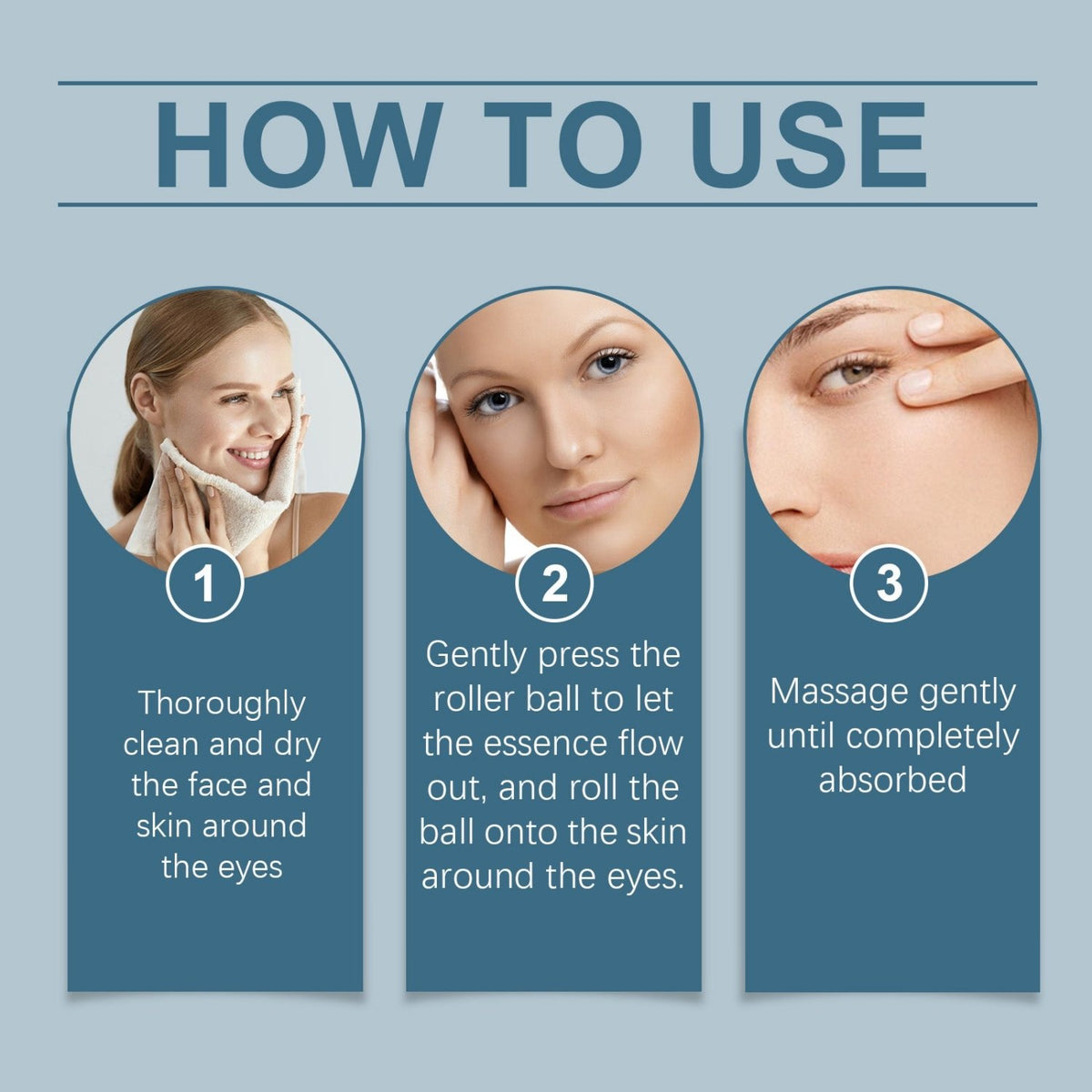 How to use West Month 5% caffeine roller eye serum, showing facial cleansing, roller application around the eyes, and gentle massage