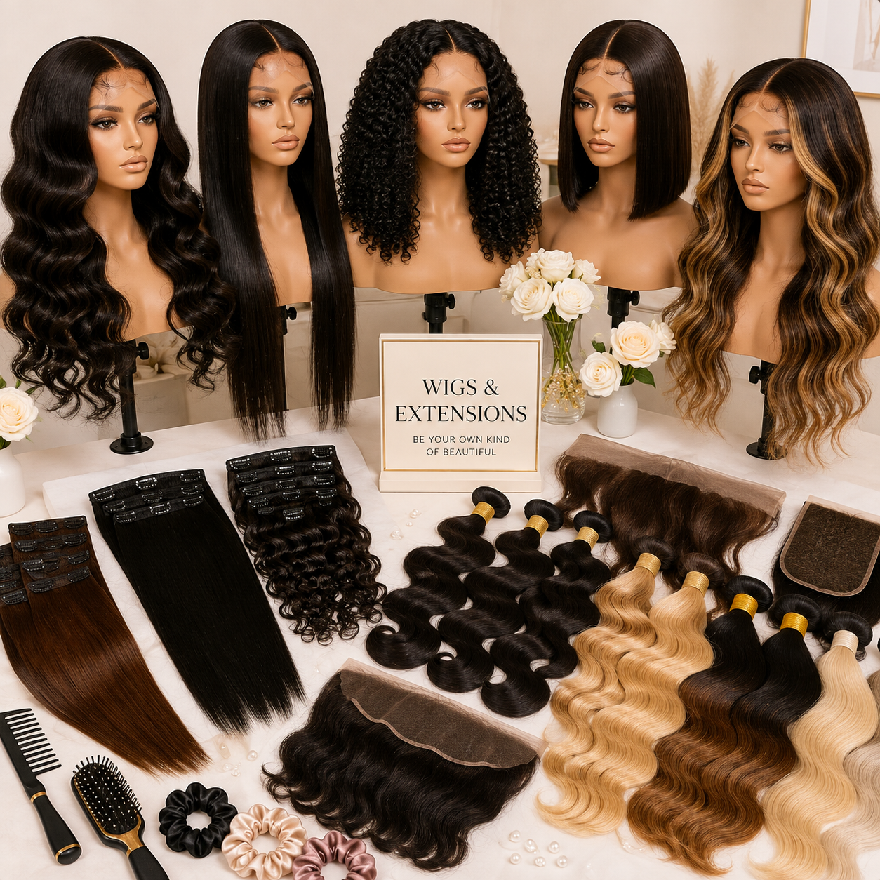 Premium wigs and hair extensions including lace front, human hair and synthetic styles