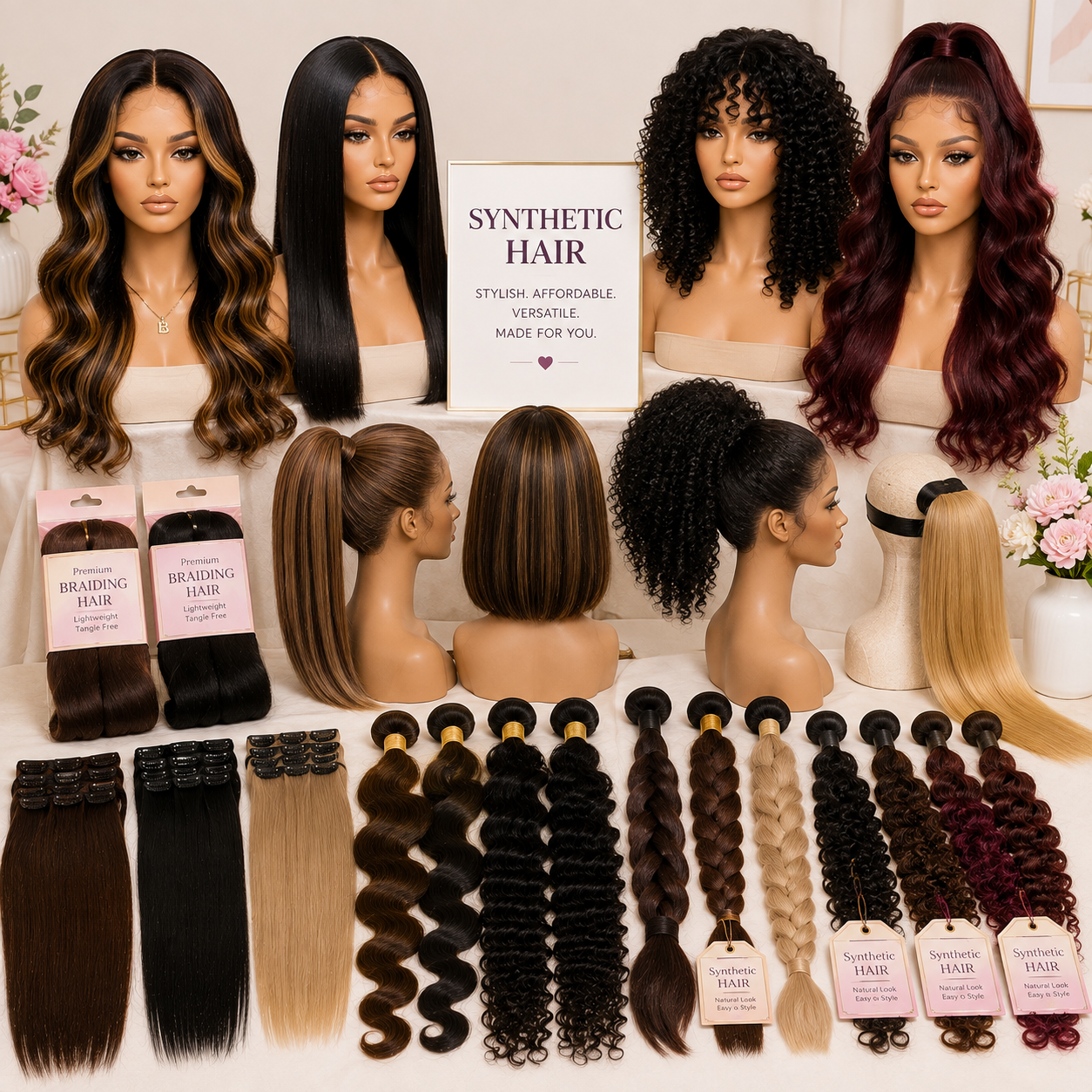 Collection of premium synthetic hair wigs, extensions, ponytails, and hairpieces for women.