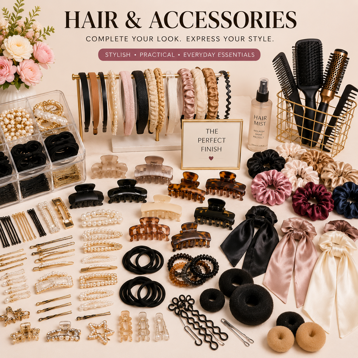 Hair accessories including hair clips, brushes, combs, headbands, scrunchies, and styling tools for everyday hair care and styling.