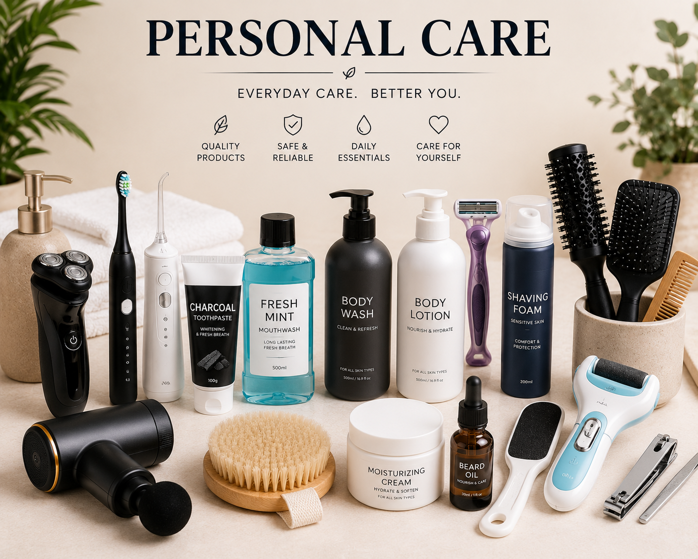 Personal care products including grooming tools, oral care, body care, massage devices, foot care, and wellness essentials for everyday self-care.