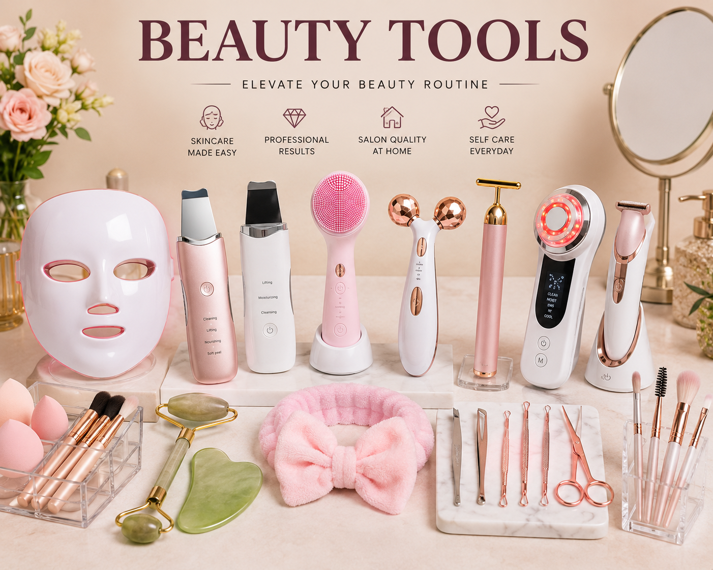 Beauty Tools Collection featuring facial cleansing brushes, LED beauty devices, jade rollers, gua sha tools, facial massagers, makeup brushes, precision trimmers, and premium skincare accessories for everyday beauty and self-care routines.