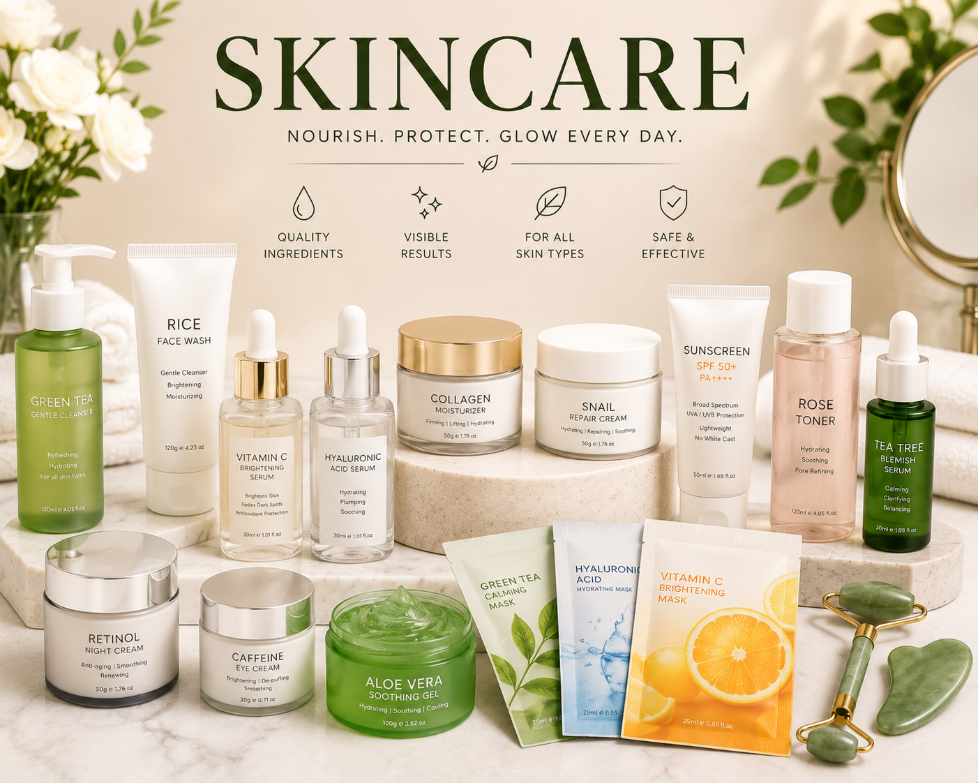 Skincare Collection featuring face creams, serums, eye creams, sheet masks, facial cleansers, moisturizers, and beauty tools for healthy, hydrated, glowing skin.