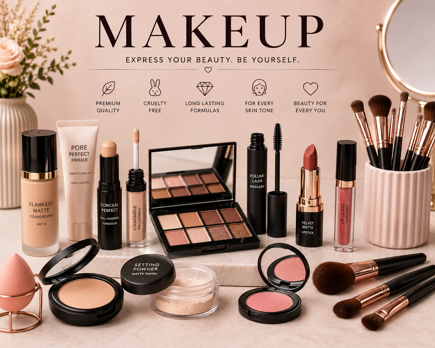 Premium makeup collection featuring foundation, lipstick, concealer, mascara, brushes, and beauty essentials for flawless everyday makeup.