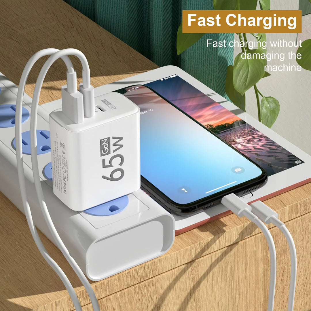 Gan PD Fast Charger with Type C and USB Ports 3 in 1 Quick Charging Adapter for Iphone 15 Samsung Huawei Xiaomi Mobile Devices