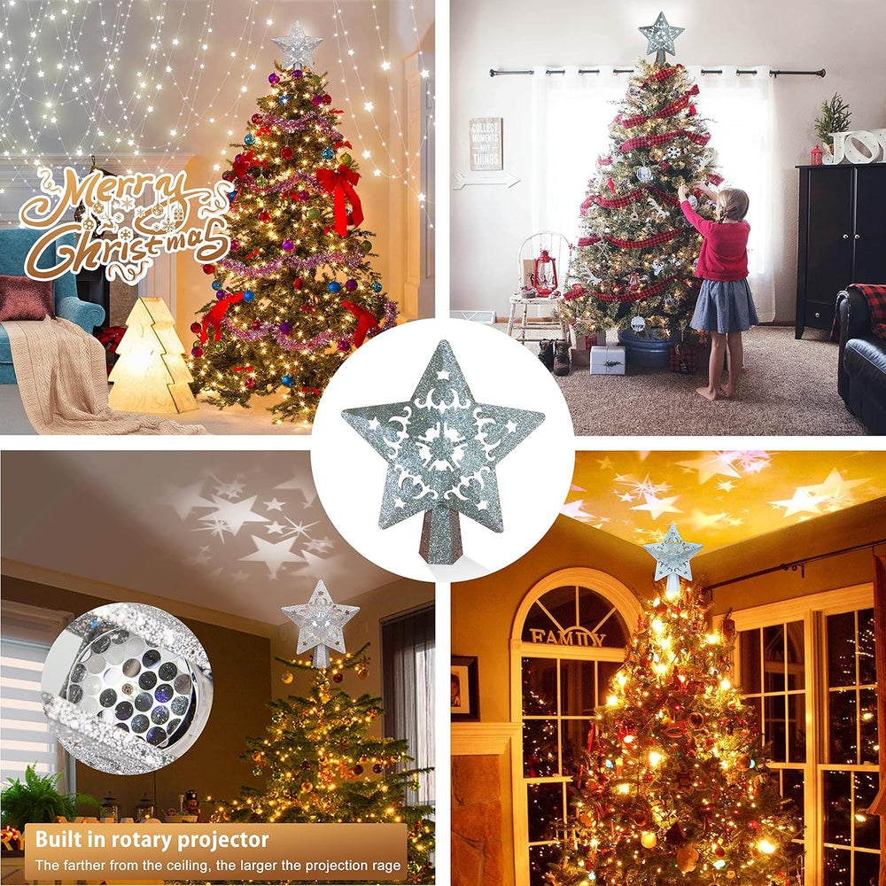 Christmas Tree Toppers 3D Projector LED Lights Decorations, Glitter Crown Christmas Tree Ornament -Used to Celebrate Holidays-Ul Listed for Safety(White/Silver)