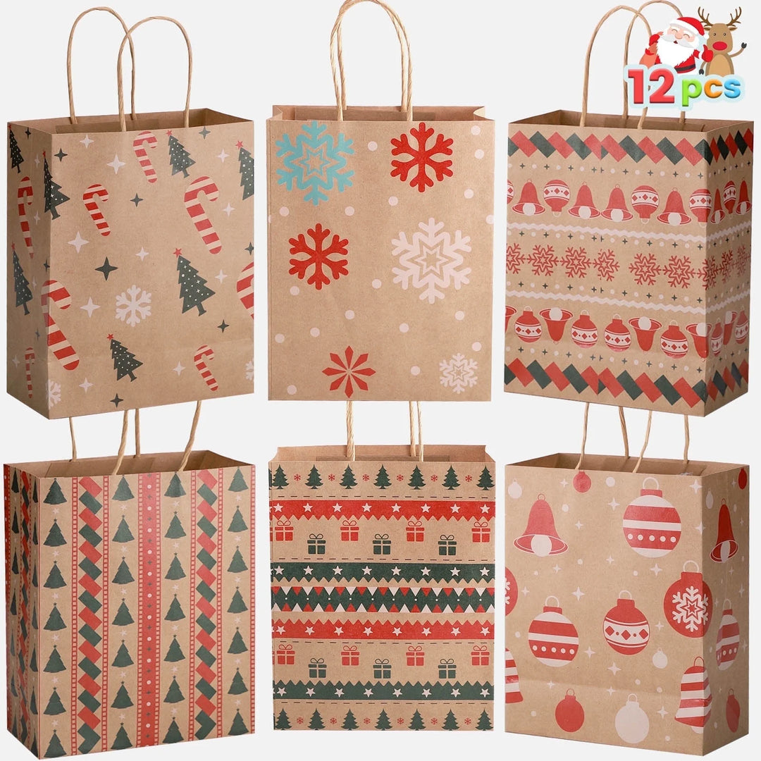 12Pcs Christmas Kraft Gift Bags with Handle, Christmas Paper Gift Treat Bags Bulk, Goodie Bags for Holiday Decor