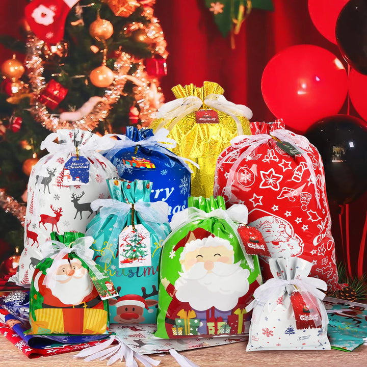 30PCS Christmas Drawstring Gift Bags of Assorted Sizes , Holiday Gift Bags with Drawstrings for Xmas Party Favors