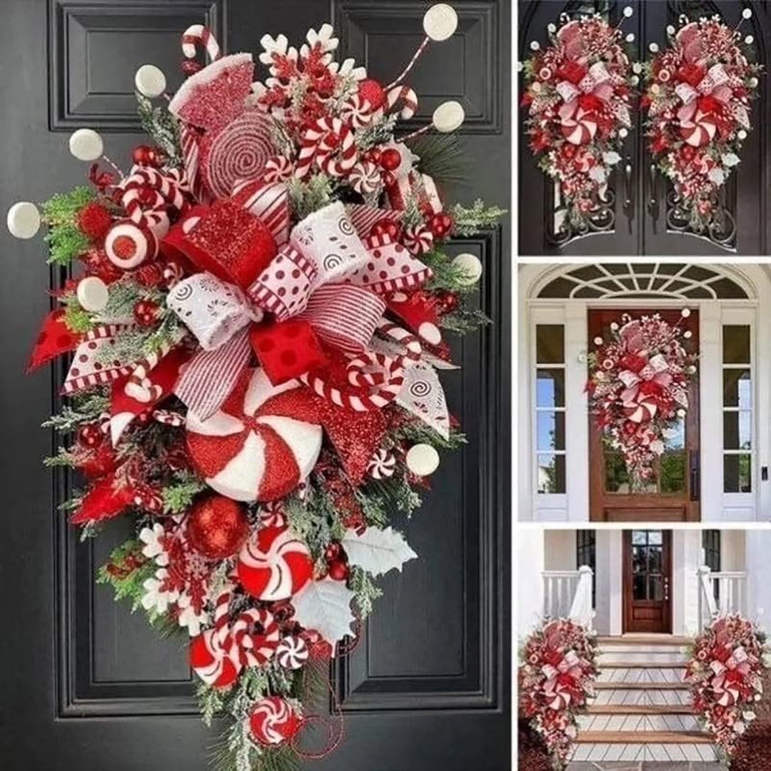 Christmas Candy Cane Wreath for Front Door Red White Teardrop Candy Cane Christmas Stairway Decorations Christmas Wreath with Candy Christmas Onrnament for Home Indoor D