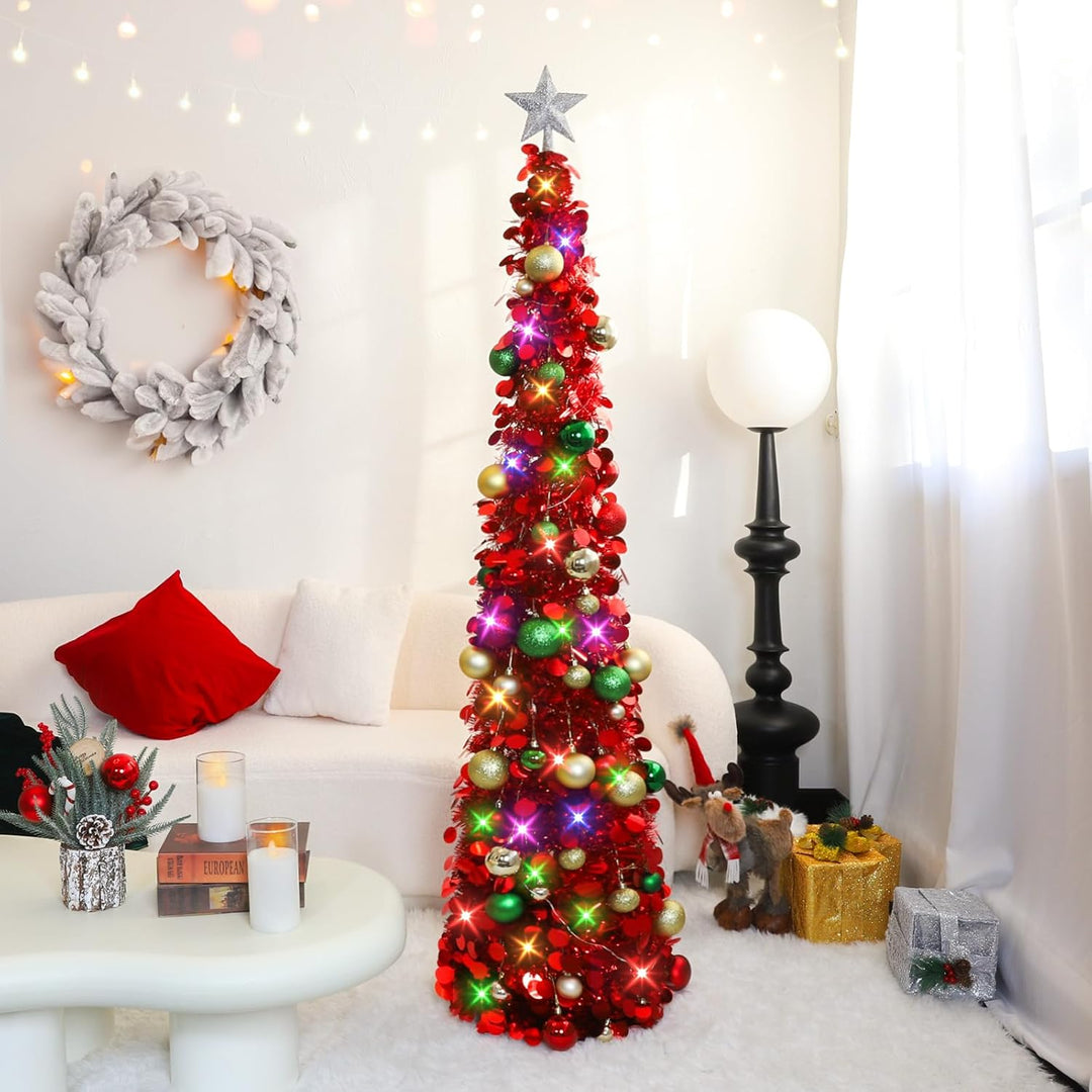 Pop up Christmas Tree with Lights & 30 Balls, 5Ft Collapsible Red Tinsel Christmas Tree Decoration for Holiday Xmas Home Office Decor