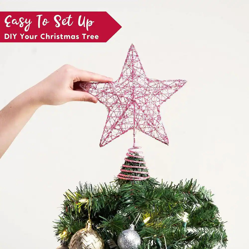 9 in Christmas Tree Toppers, Battery Powered Glitter Pink Star Tree Topper Lighted with 20 LED Warm White Lights