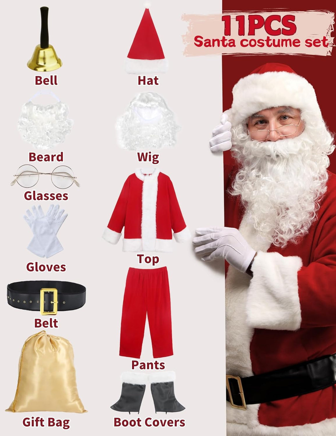 Santa Claus Costume for Men Adults Santa Suit 11Pcs Mens Red Deluxe Christmas Clause Outfit Cosplay Vacation Suits Set