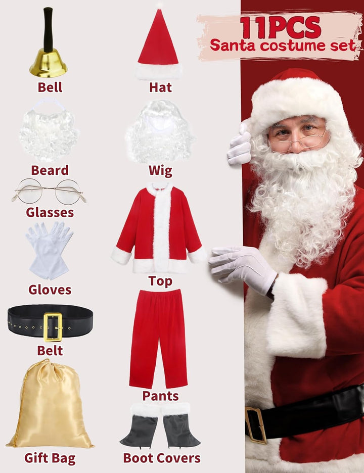 Santa Claus Costume for Men Adults Santa Suit 11Pcs Mens Red Deluxe Christmas Clause Outfit Cosplay Vacation Suits Set