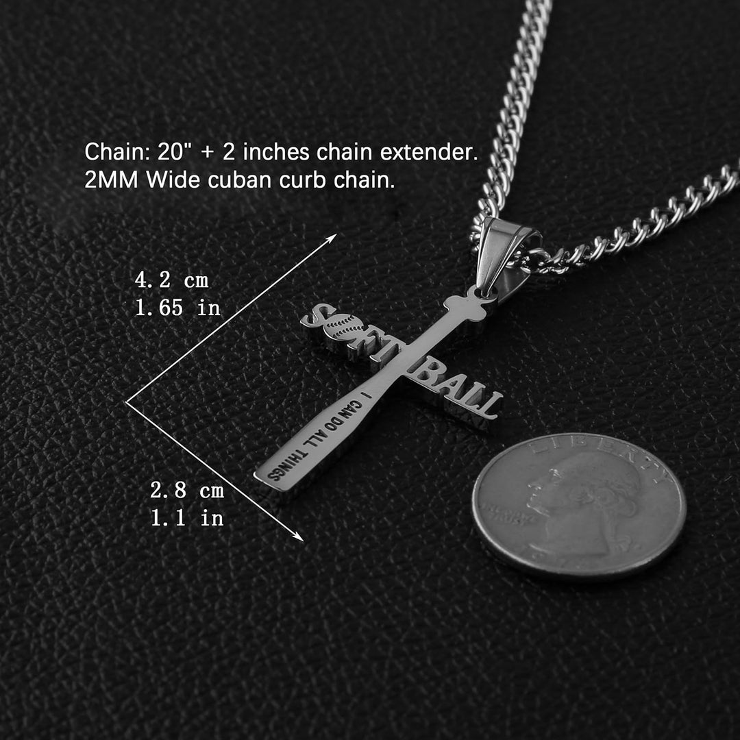 Softball Bat Cross Pendant, I CAN DO ALL THINGS STRENGTH Bible Verse Stainless Steel Necklace