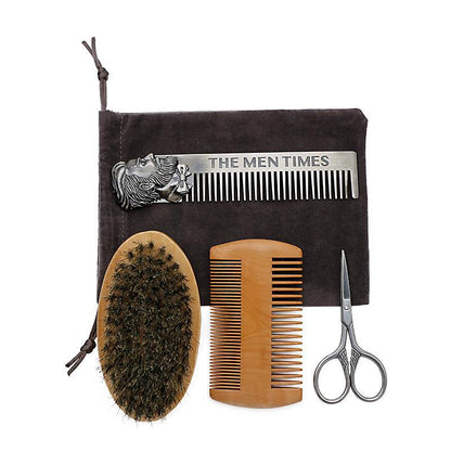 Ultimate 4-Piece Men's Beard Grooming Set | Boar Bristle Brush, Comb & Scissors Kit