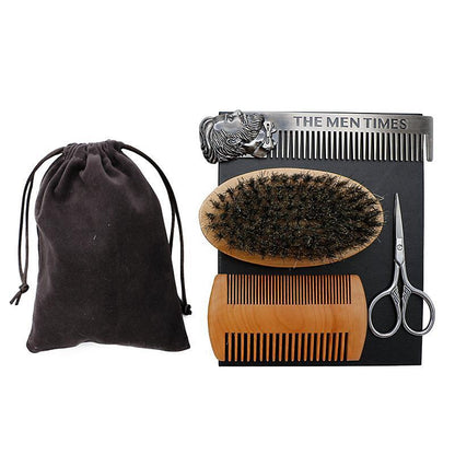 Ultimate 4-Piece Men's Beard Grooming Set | Boar Bristle Brush, Comb & Scissors Kit