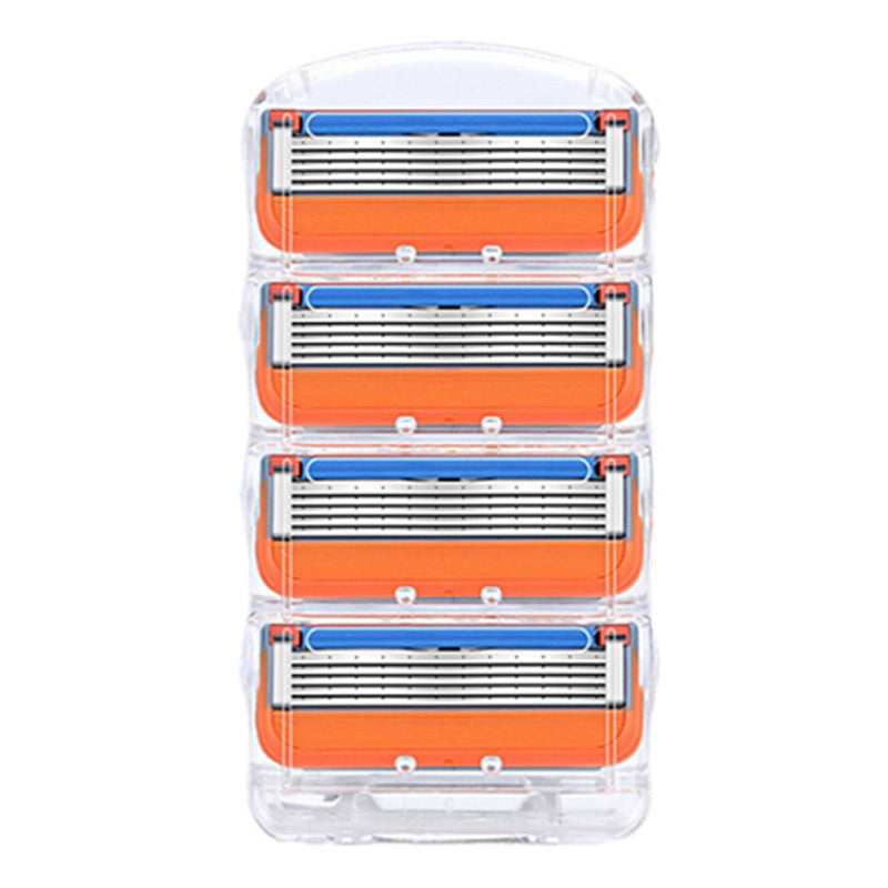 4-Pack Premium 5-Layer Razor Blades | Men's Manual Shaver Cartridges & Storage Box (Orange)