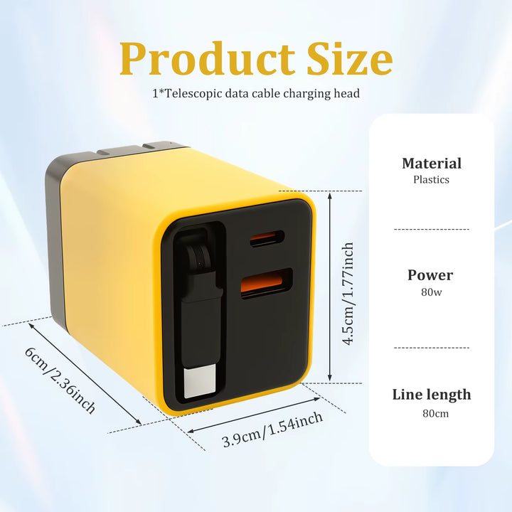 3 in 1 Gan Charger 80W Phone Desktop Laptop Earphone Charger with Retractable Type C Cable Fast Charging Portable Gan Charger