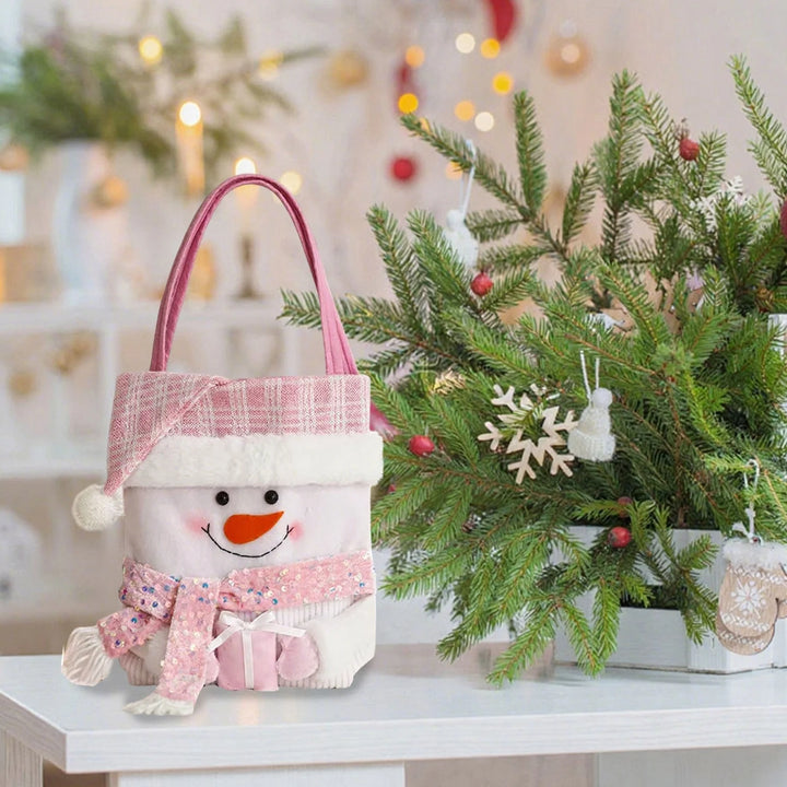 Christmas Gift Bags Bulk - Large 16.5" Drawstring Santa Snowman Treat Bags for Candy, Cookies & Small Gifts (Pink, Reusable Polyester)