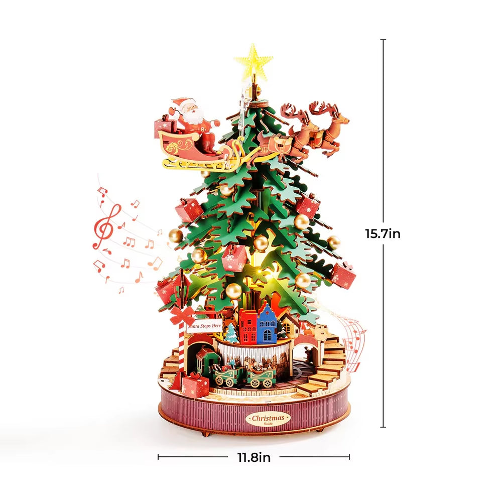 Rolife Christmas Melody Tree Music Boxes 3D Wooden Puzzle with Light Perfect Gifts for Family Easy Assemble Toys