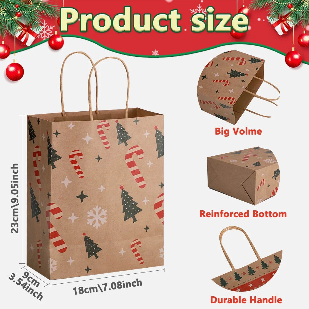 12Pcs Christmas Kraft Gift Bags with Handle, Christmas Paper Gift Treat Bags Bulk, Goodie Bags for Holiday Decor