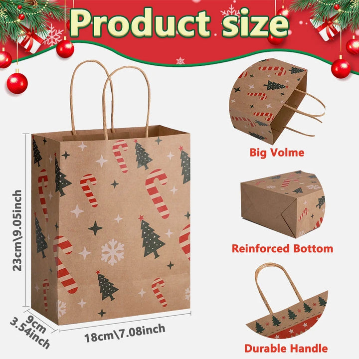12Pcs Christmas Kraft Gift Bags with Handle, Christmas Paper Gift Treat Bags Bulk, Goodie Bags for Holiday Decor
