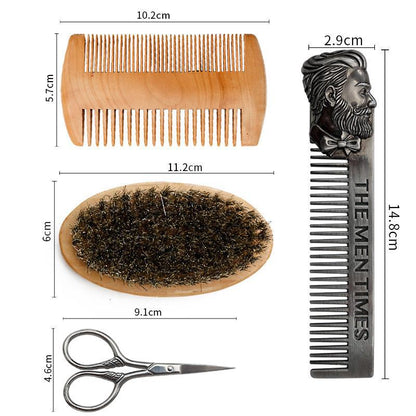 Ultimate 4-Piece Men's Beard Grooming Set | Boar Bristle Brush, Comb & Scissors Kit