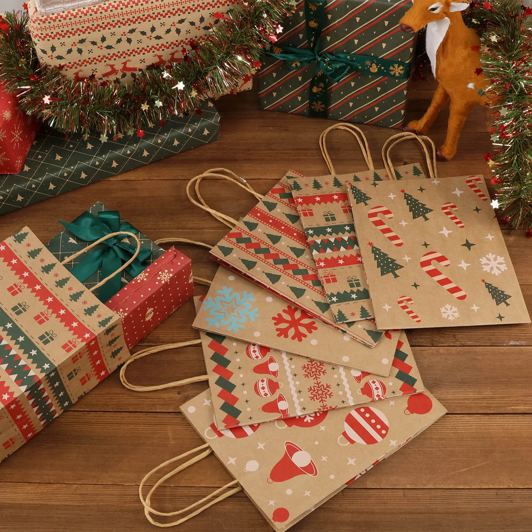 12Pcs Christmas Kraft Gift Bags with Handle, Christmas Paper Gift Treat Bags Bulk, Goodie Bags for Holiday Decor