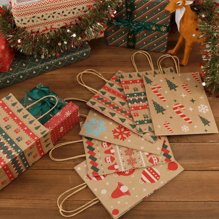 12Pcs Christmas Kraft Gift Bags with Handle, Christmas Paper Gift Treat Bags Bulk, Goodie Bags for Holiday Decor