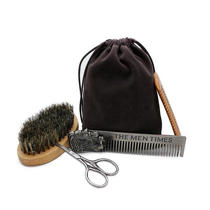 Ultimate 4-Piece Men's Beard Grooming Set | Boar Bristle Brush, Comb & Scissors Kit