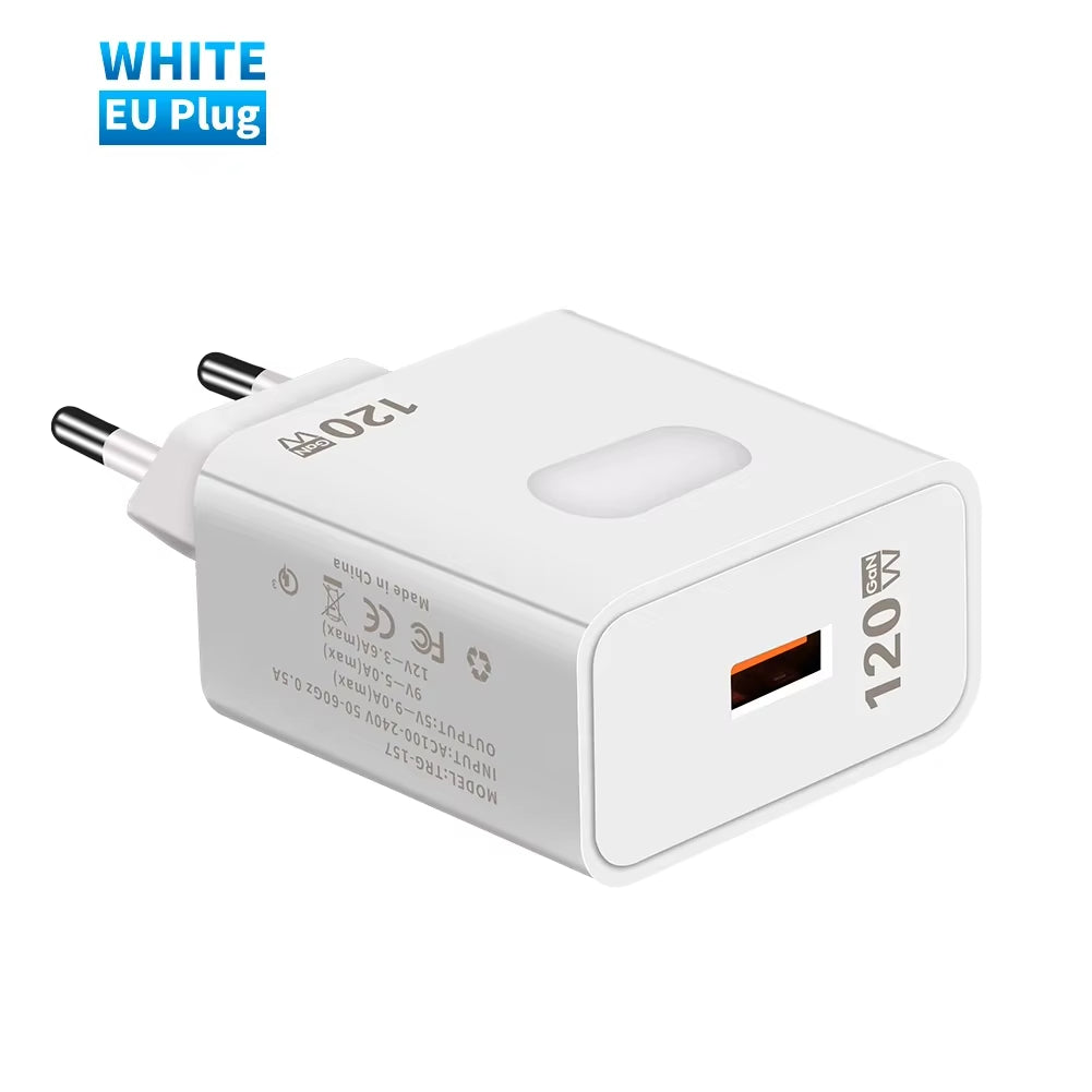 Gan USB Charger Fast Charging 120W Quick Charge QC3.0 Type C Cable Mobile Phone Wall Adapter for Huawei Redmi Xiaomi 15 Oneplus