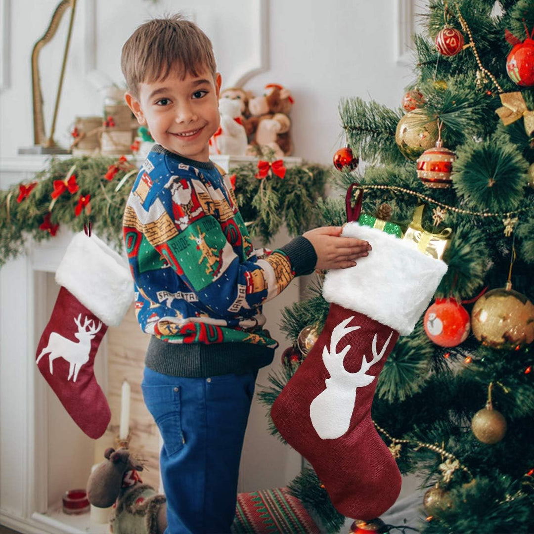 Christmas Stockings, 2 Pcs 18 Inches Christmas Stockings, Burlap with Large Plush Cuff Stockings, for Family Holiday Xmas Party Decorations