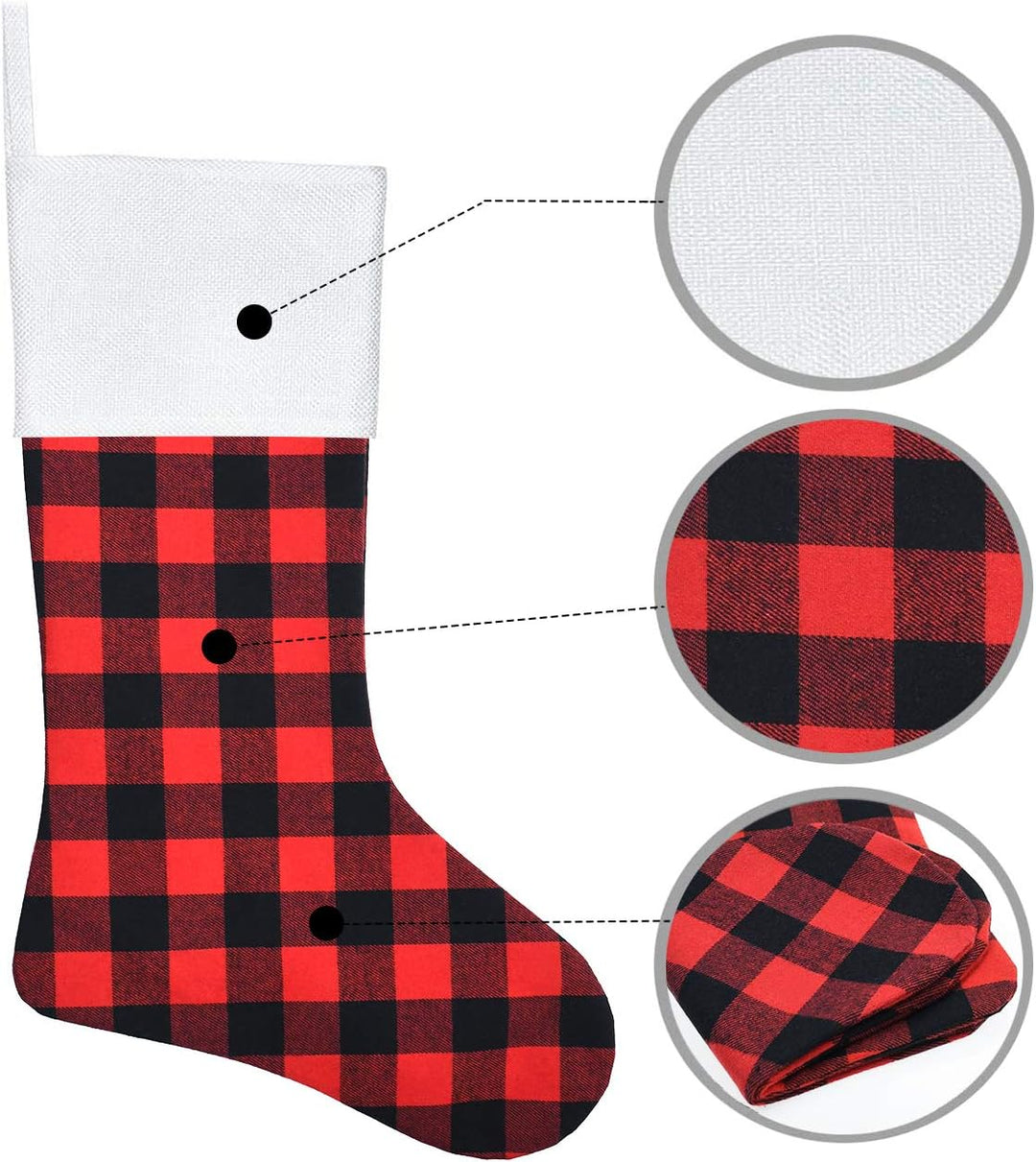 6 Pack Christmas Stockings- 18 Inch Red Black Buffalo Plaid Christmas Stockings Fireplace Hanging Stockings for Family Xmas Holiday Season Party Decor