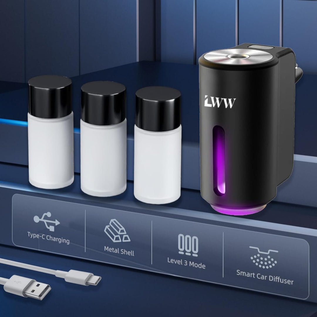 Smart Car Air Freshener, 3 Intensity Levels, Rechargeable Aroma Diffuser, 3 X 10Ml Perfume Bottles, Adjustable, Black Strong Scent (Tranquili+Fresh+Ocean Flavour)