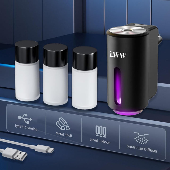 Smart Car Air Freshener, 3 Intensity Levels, Rechargeable Aroma Diffuser, 3 X 10Ml Perfume Bottles, Adjustable, Black Strong Scent (Tranquili+Fresh+Ocean Flavour)