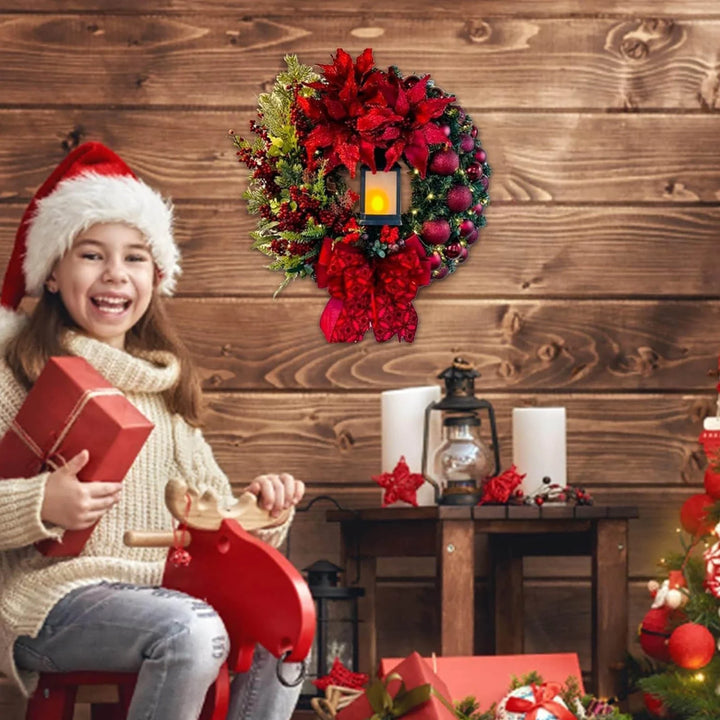 2024 Large Christmas Wreaths for Front Door,Artificial Lighted Christmas Wreath with Bow Ribbon Red Christmas Front Door,Wreath with Christmas Ball Christmas Garland for Indoor Outdoor Front Door