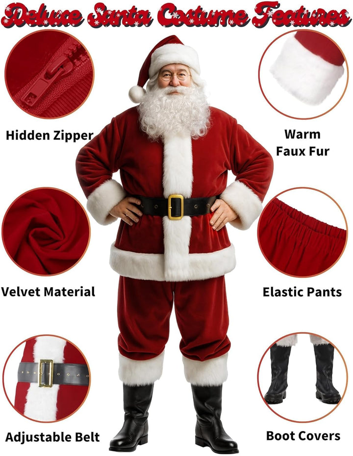 Santa Claus Costume for Men Santa Suit Adults 11Pcs Mens Deluxe Professional Christmas Clause Outfit Xmas Cosplay