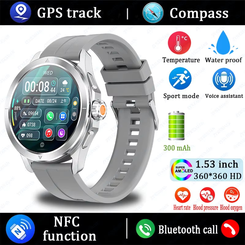 2025 New S4 Ultra Outdoor Sports Smart Watch Men AMOLED Screen NFC GPS Compass Heart Rate Waterproof Bluetooth Call Smartwatch