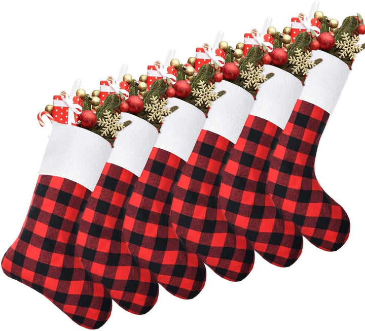 6 Pack Christmas Stockings- 18 Inch Red Black Buffalo Plaid Christmas Stockings Fireplace Hanging Stockings for Family Xmas Holiday Season Party Decor