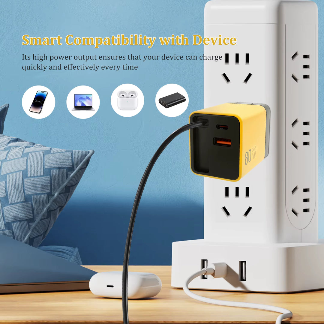3 in 1 Gan Charger 80W Phone Desktop Laptop Earphone Charger with Retractable Type C Cable Fast Charging Portable Gan Charger