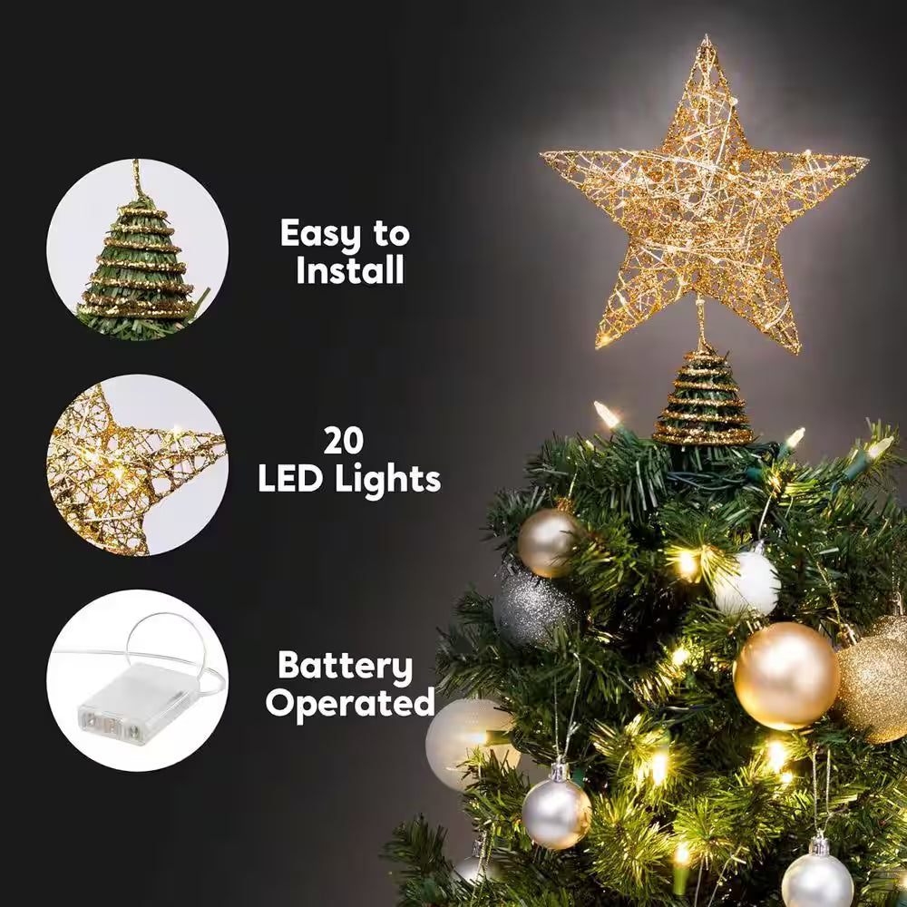 9 in Gold Glitter Star Tree Topper Metal Hallow Tree Star Lighted for Christmas Tree Decorations