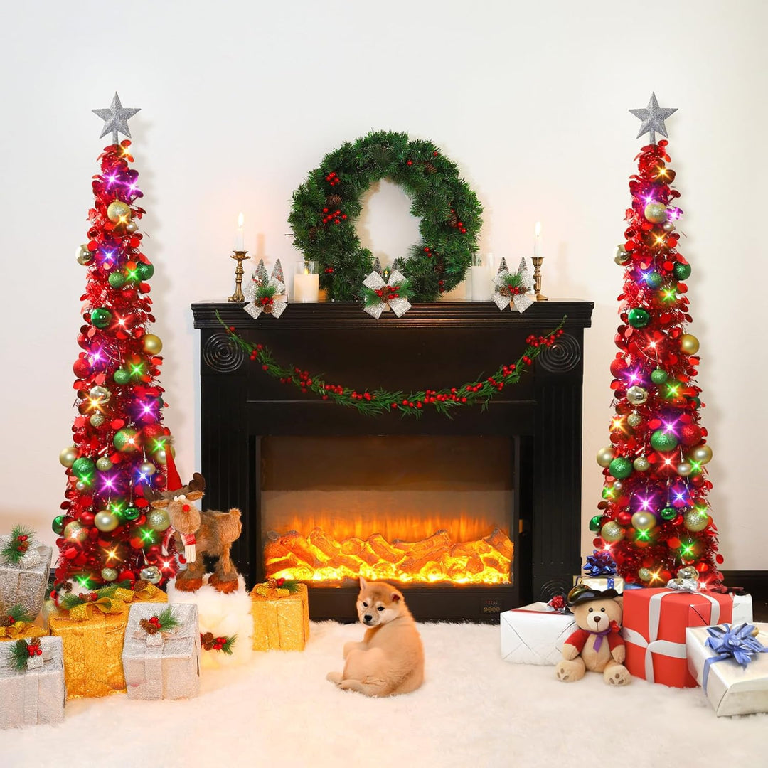 Pop up Christmas Tree with Lights & 30 Balls, 5Ft Collapsible Red Tinsel Christmas Tree Decoration for Holiday Xmas Home Office Decor