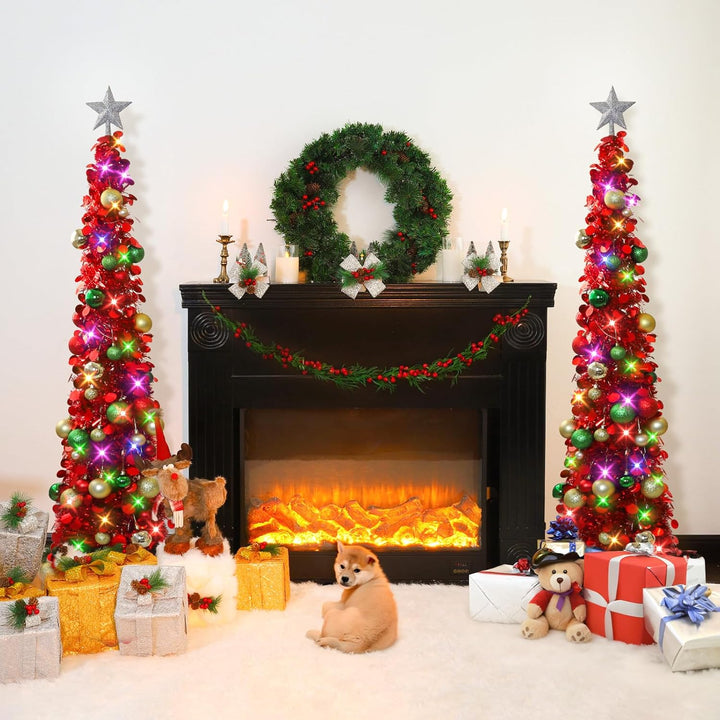 Pop up Christmas Tree with Lights & 30 Balls, 5Ft Collapsible Red Tinsel Christmas Tree Decoration for Holiday Xmas Home Office Decor