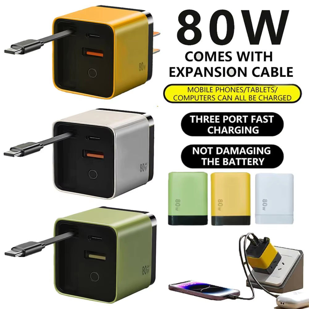Portable 3 in 1 Gan Charger 80W MAX Fast Charger Retractabl Fast Charger with Type-C Cable 2USB Port Adapter Mobilephone Charger