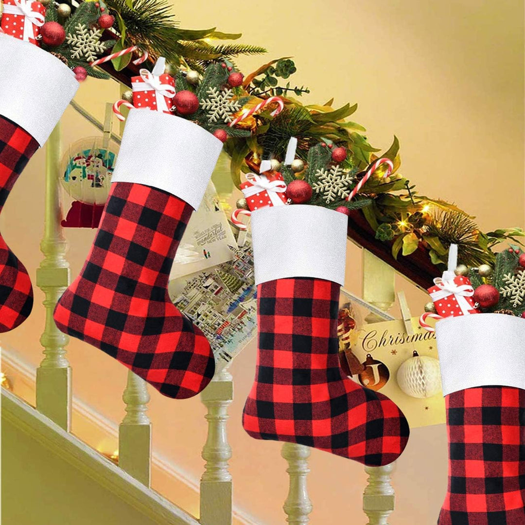 6 Pack Christmas Stockings- 18 Inch Red Black Buffalo Plaid Christmas Stockings Fireplace Hanging Stockings for Family Xmas Holiday Season Party Decor