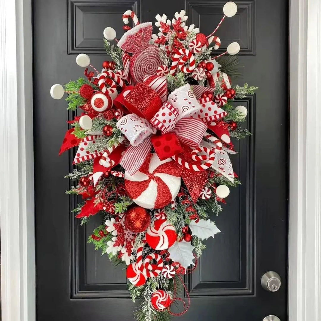 Christmas Candy Cane Wreath for Front Door Red White Teardrop Candy Cane Christmas Stairway Decorations Christmas Wreath with Candy Christmas Onrnament for Home Indoor D