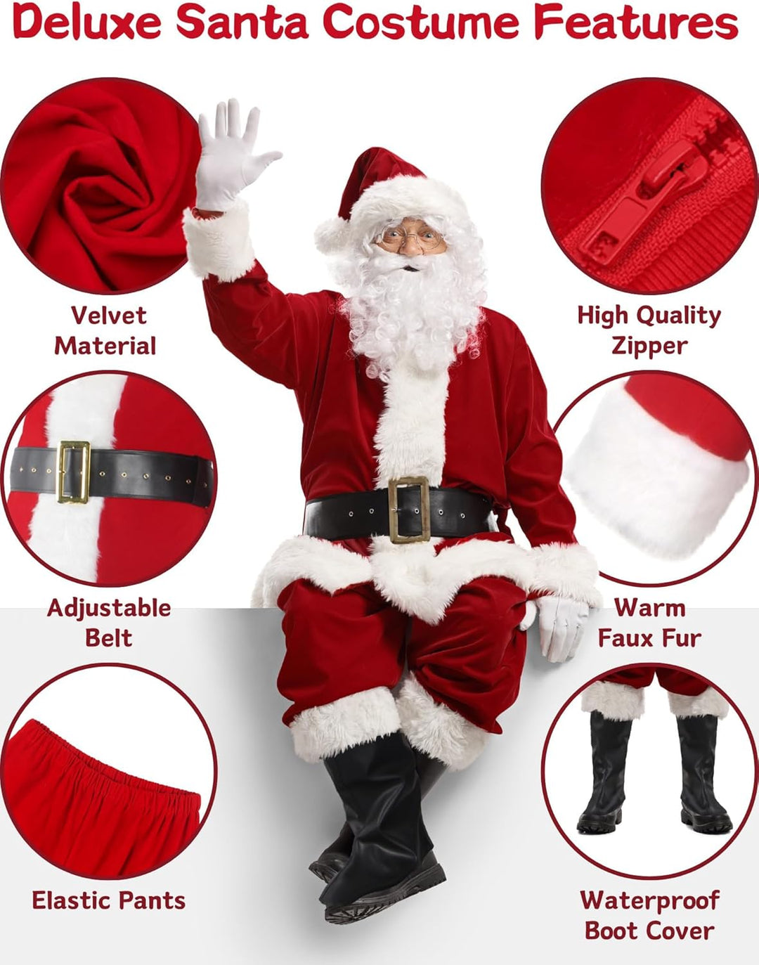 Santa Claus Costume for Men Adults Santa Suit 11Pcs Mens Red Deluxe Christmas Clause Outfit Cosplay Vacation Suits Set