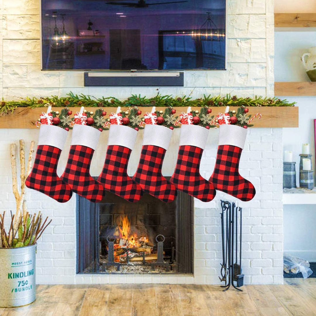 6 Pack Christmas Stockings- 18 Inch Red Black Buffalo Plaid Christmas Stockings Fireplace Hanging Stockings for Family Xmas Holiday Season Party Decor
