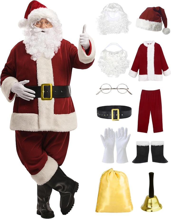 Santa Claus Costume for Men Adults Santa Suit 11Pcs Mens Red Deluxe Christmas Clause Outfit Cosplay Vacation Suits Set
